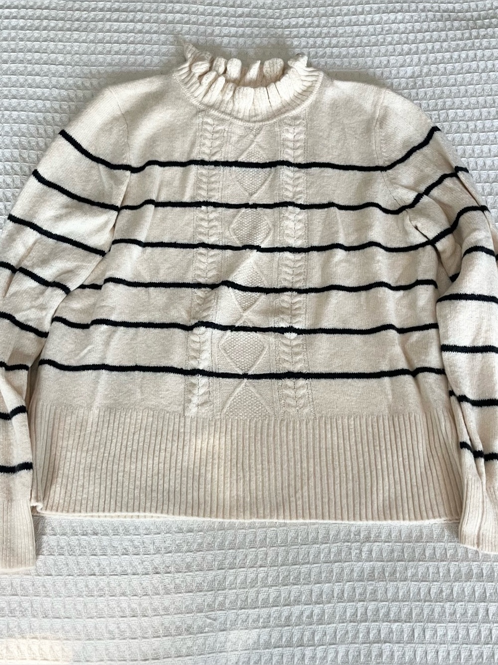 LC Lauren Conrad Cream and Black Striped Ruffle Mock-Neck Sweater Large NWOT